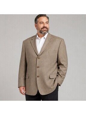 Woolmark Men’s Tan Tweed Blazer 50L 100% Wool 3 Button Sport Coat Big Tall Prep